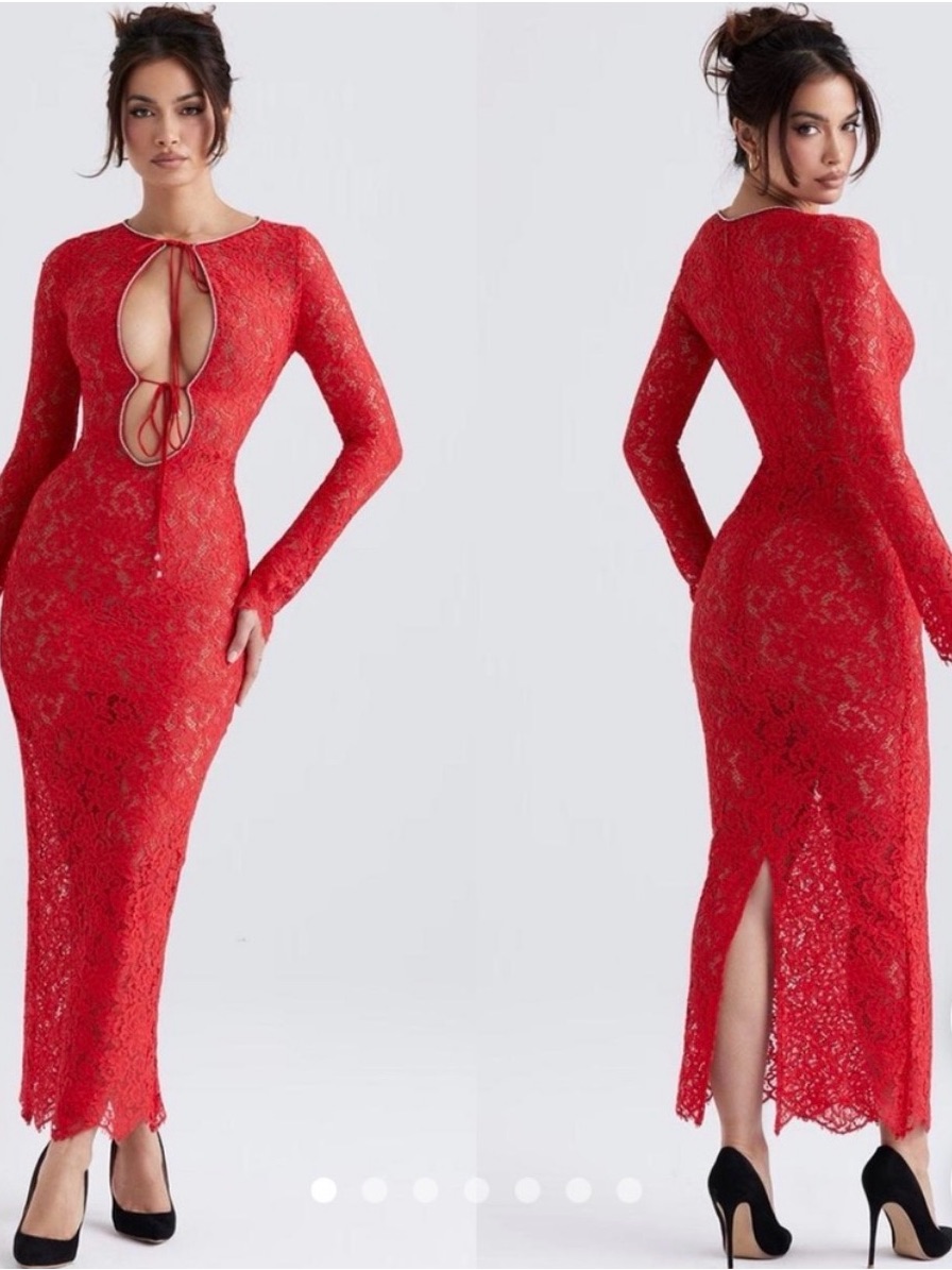 House Of Cb Red Lace Long-Sleeve Cutout Maxi Dress
